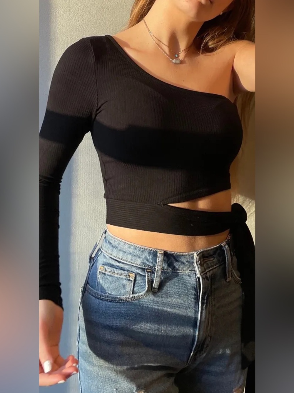 Garage Black One-Shoulder Wrap Crop Top